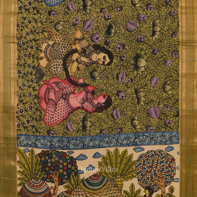 Multicolour Hand-Painted Natural Dye Cotton Kalamkari Saree