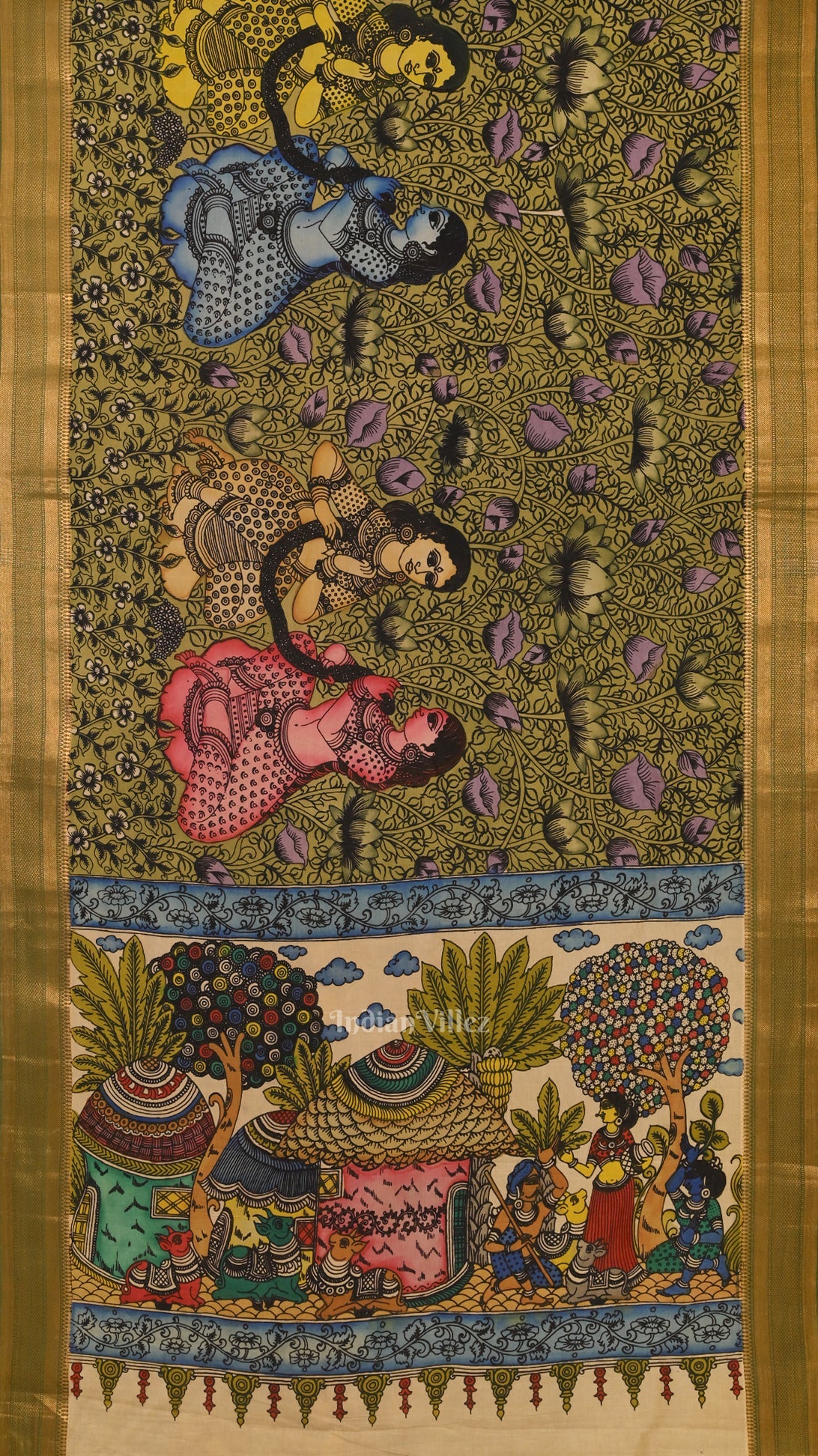 Multicolour Hand-Painted Natural Dye Cotton Kalamkari Saree