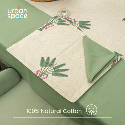 100% Cotton Dining table cover Combo - 1 Table Cloth, 4 reversible Placemats and 4 matching solid-colored Napkins - Palm Lagoon Green