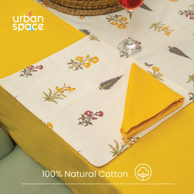 100% Cotton Dining table cover Combo - 1 Table Cloth, 4 reversible Placemats and 4 matching solid-colored Napkins - High Garden Yellow