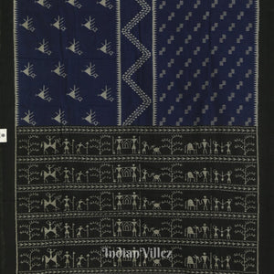 Navy Blue Tribal Theme Odisha Ikat Sambalpuri Pure Cotton Saree