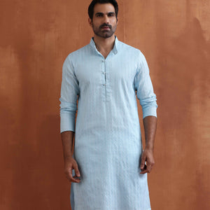 trueBrowns Men's Blue Sequin Chanderi Kurta