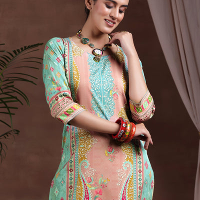 Green Printed Crepe Straight Kurta