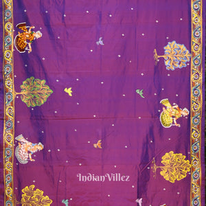 Purple Dual Tone Ardha Chandra  Krishna Rasa Leela Hand-Painted Pattachitra Saree