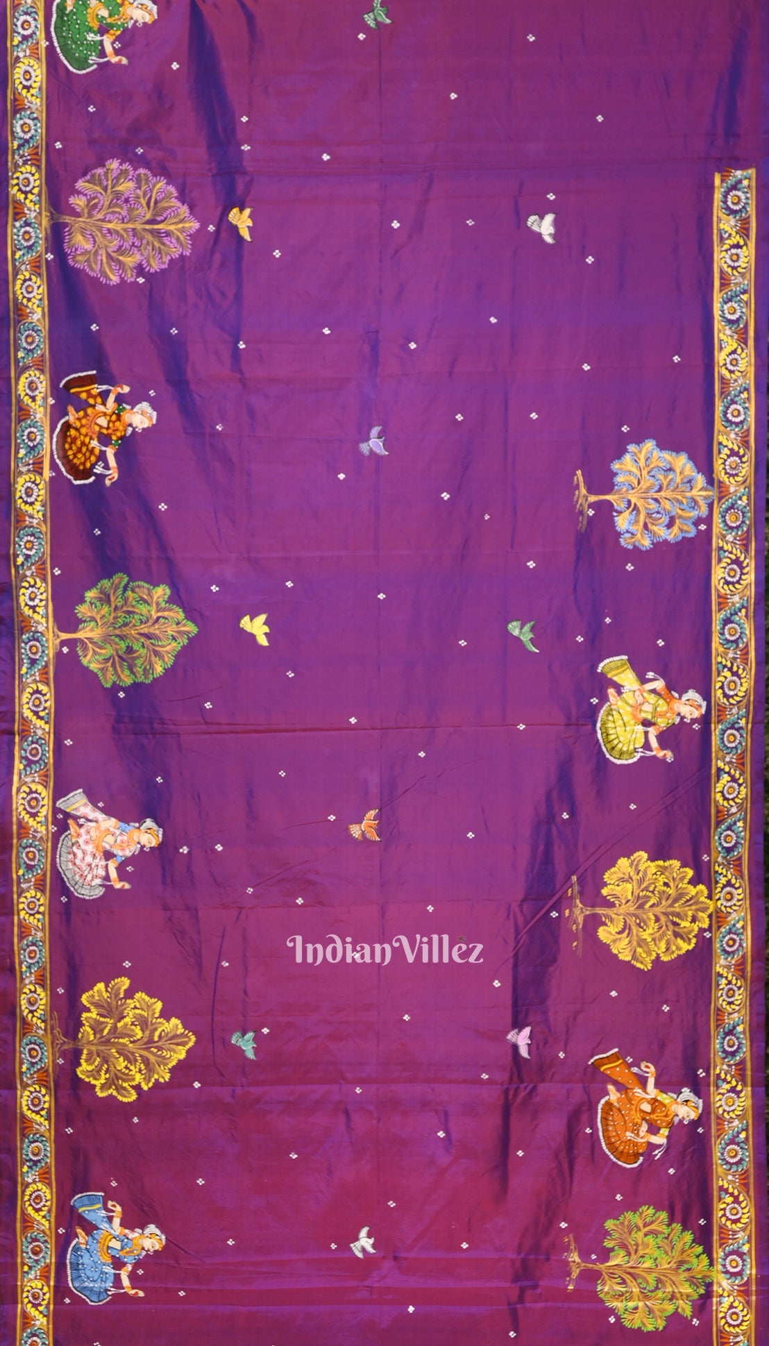 Purple Dual Tone Ardha Chandra  Krishna Rasa Leela Hand-Painted Pattachitra Saree