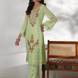 Green Embroidered Organza Straight Suit With Dupatta