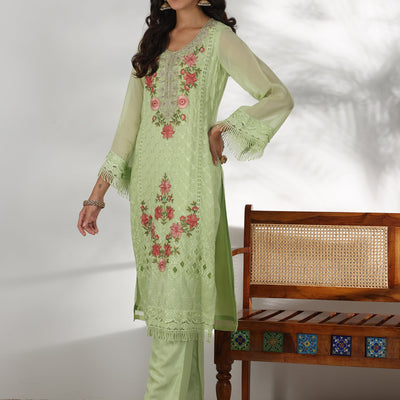 Green Embroidered Organza Straight Suit With Dupatta