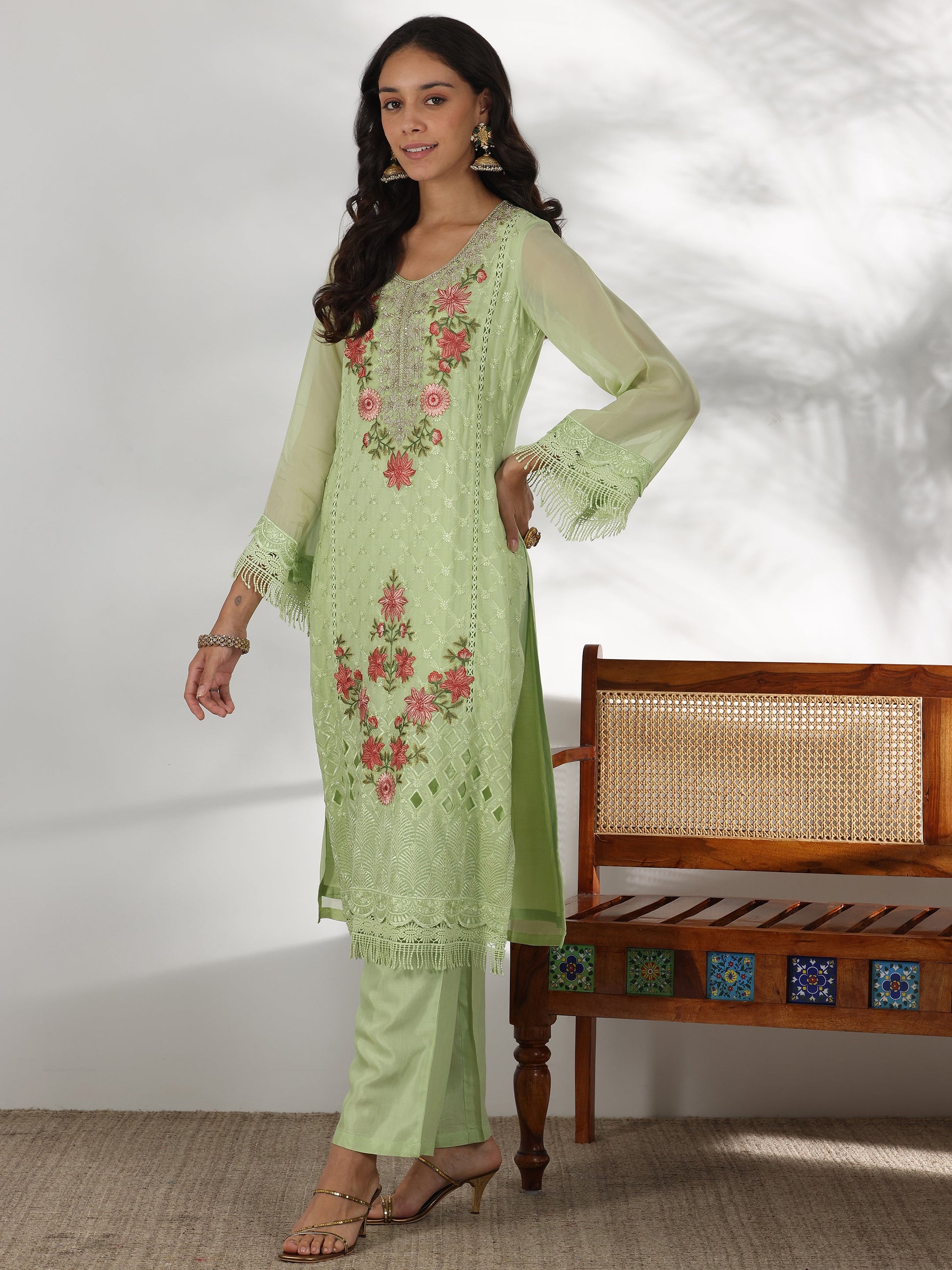 Green Embroidered Organza Straight Suit With Dupatta