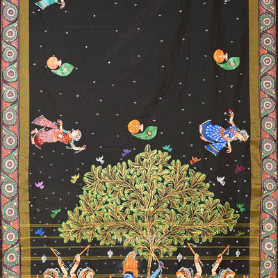 Black Dual Tone Radha Krishna Hand-Painted Pattachitra Saree