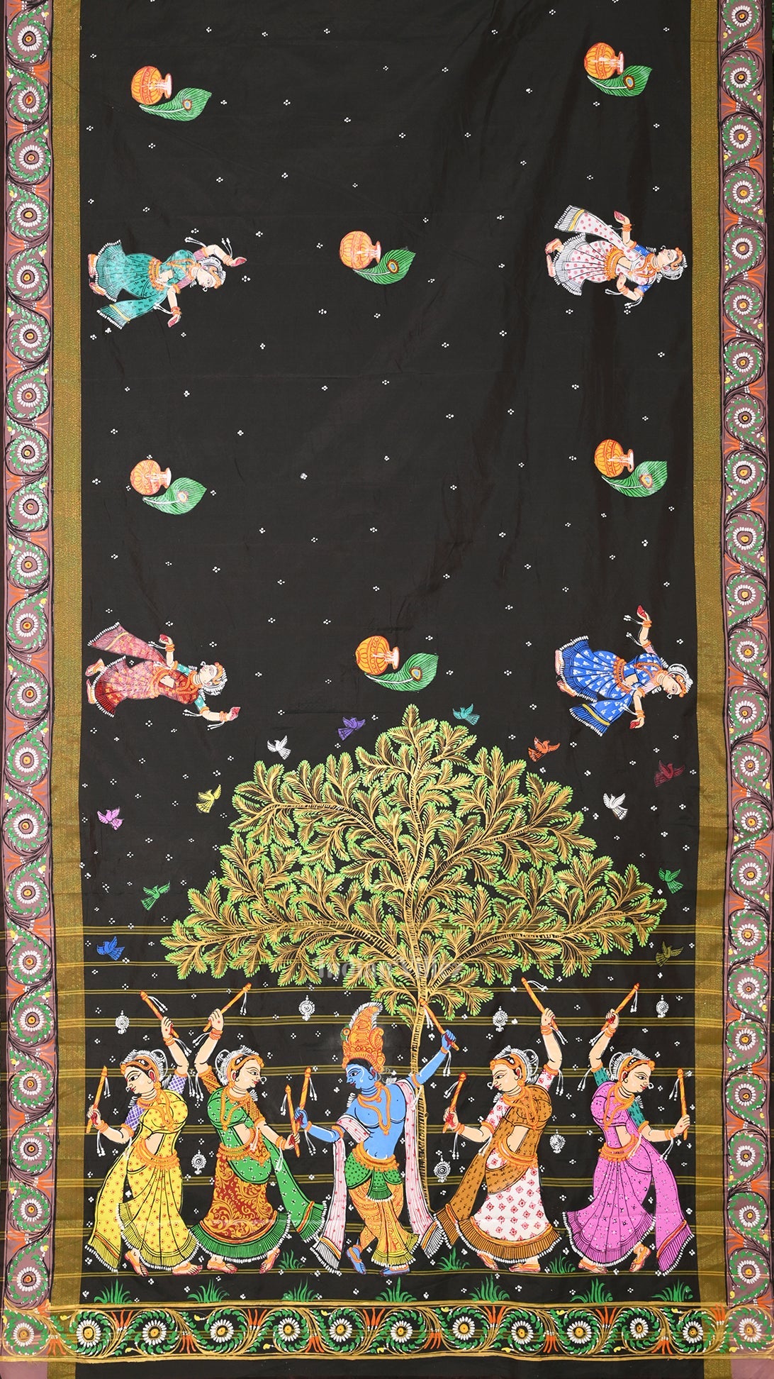 Black Dual Tone Radha Krishna Hand-Painted Pattachitra Saree