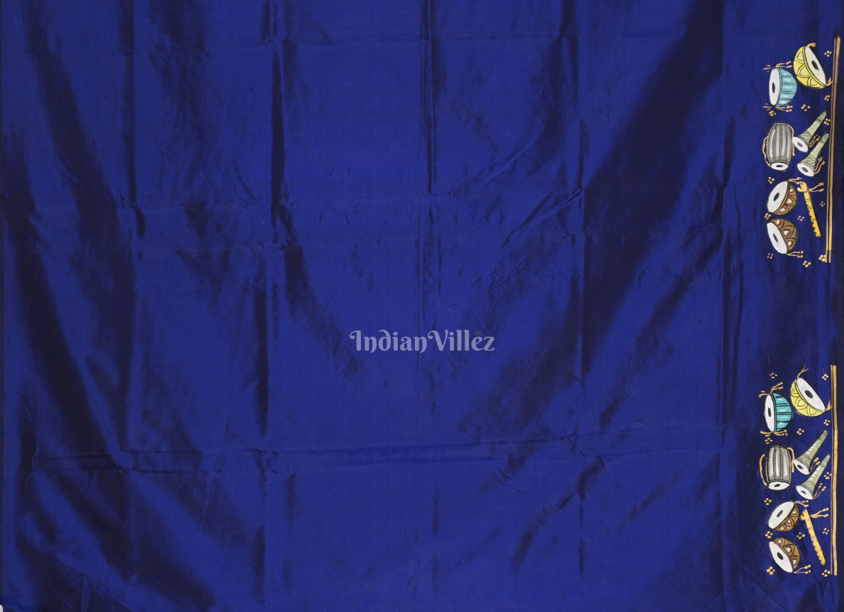 Blue Sitar Instrument Hand-Painted Pattachitra Saree (Pre-Order)