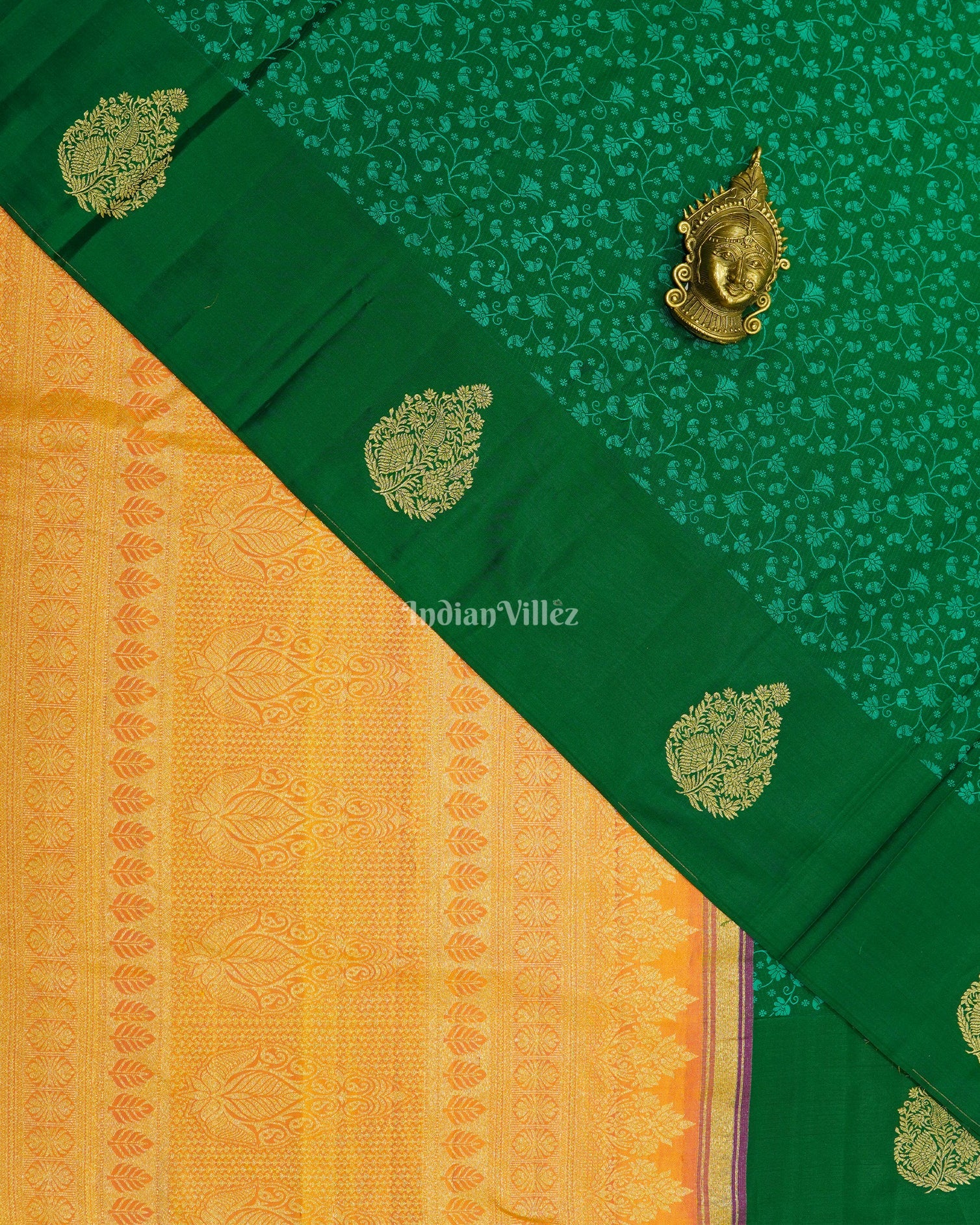 Green Flower Motif Pure Kanjivaram Silk Saree