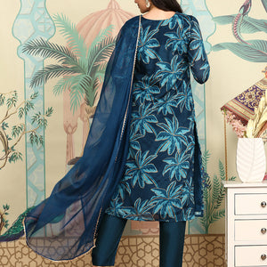 Navy Blue Floral Printed Beads And Stones Straight Kurta With Trousers & Dupatta