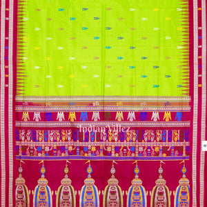 Parrot Green Temple Theme  Sambalpuri Ikat Bomkai Silk Saree