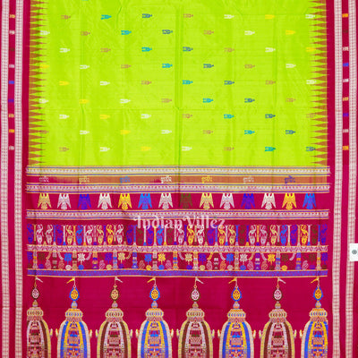Parrot Green Temple Theme  Sambalpuri Ikat Bomkai Silk Saree
