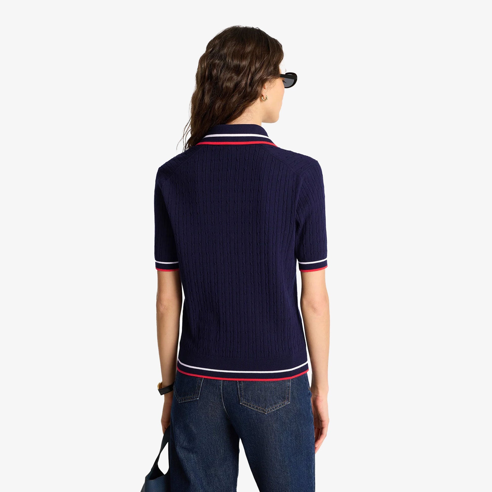 SPORTY & RICH | SERIF MINI CABLE POLO T-SHIRT { NAVY