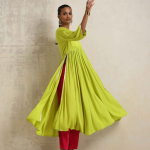 trueBrowns Lime Crinkle Anarkali Flared Kurta Set
