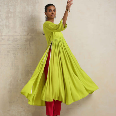 trueBrowns Lime Crinkle Anarkali Flared Kurta Set