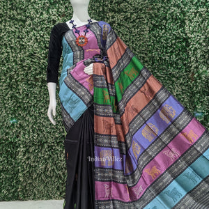 Black with Fish Motif Double Pallu Berhampuri Silk Saree