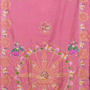 Baby Pink Konark Chakra & Dancer Theme Hand-Painted Pattachitra Saree
