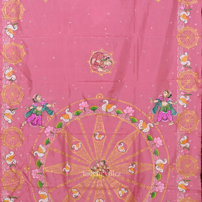 Baby Pink Konark Chakra & Dancer Theme Hand-Painted Pattachitra Saree