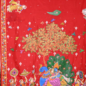 Red White Radha Krishna  Peacock Design Hand-Painted Pattachitra Saree