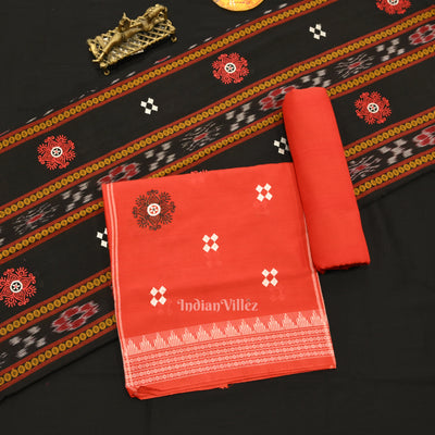 Black Red Maniabandha Sambalpuri Cotton Dress set & Dupatta