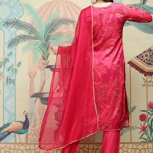 Floral Printed Round Neck Mirror Work Straight Kurta with Trousers & Dupatta