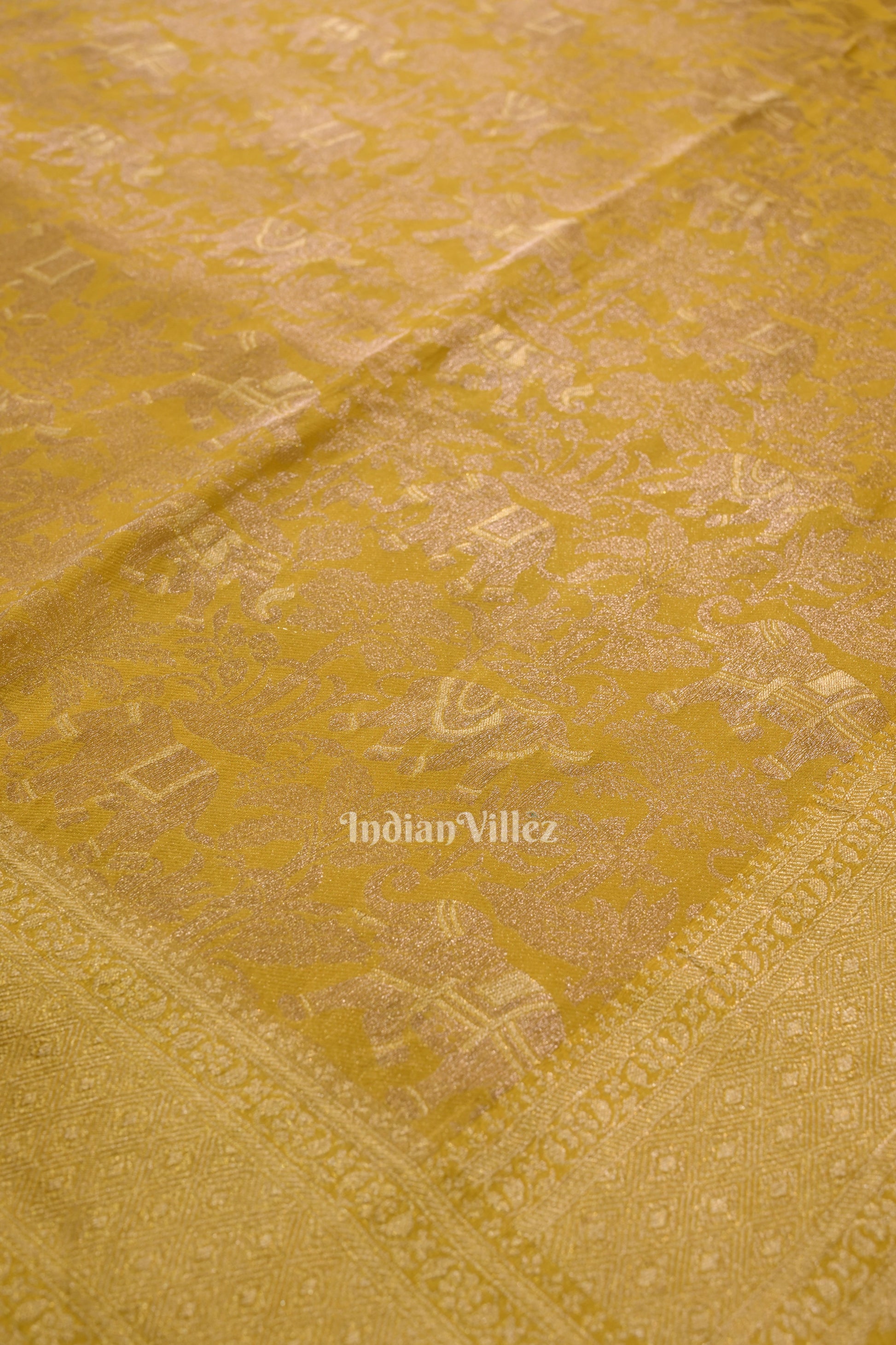 Golden Yellow Tussar Banarasi Silk Saree with Tassels