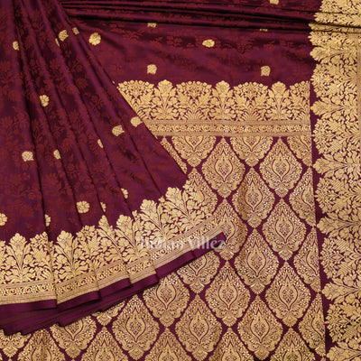 Wine Purple Soft Pure Mashru Satin Silk Banarasi Saree