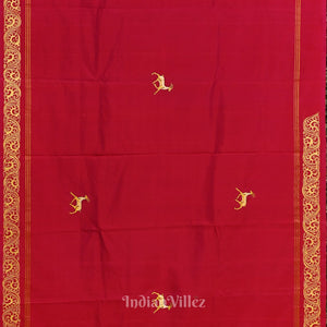 Red with Sea Green Ramayana Theme Hand-Painted Pattachitra Saree