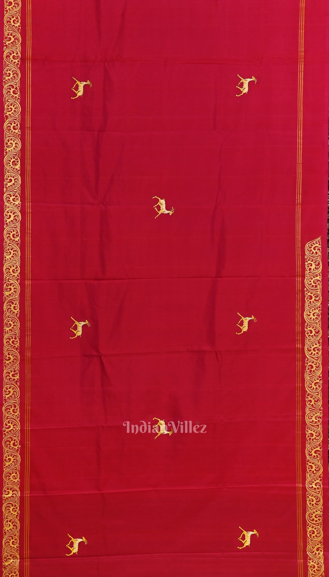Red with Sea Green Ramayana Theme Hand-Painted Pattachitra Saree