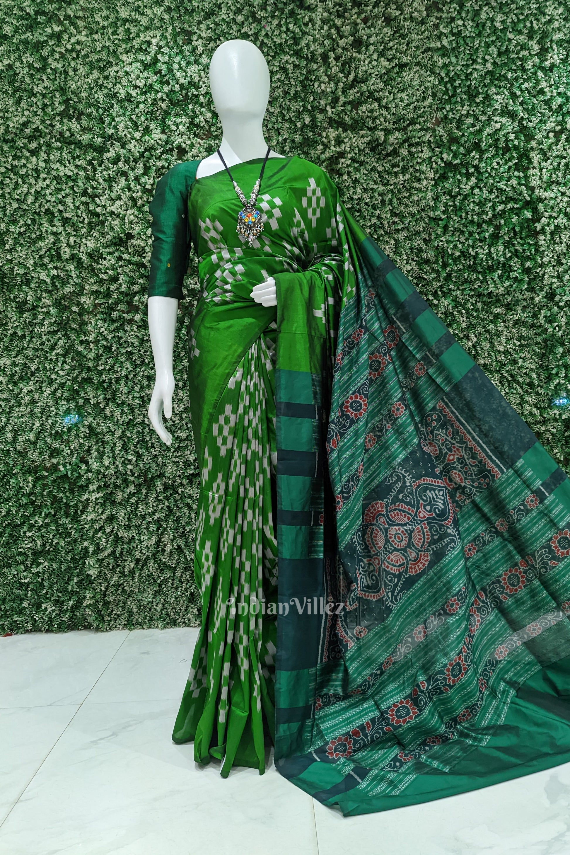Green Grey Pasapali Theme Sambalpuri Silk Saree