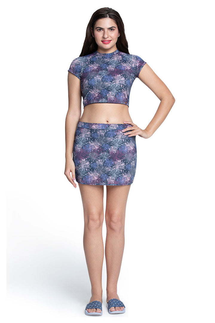 Cap Sleeves Padded Crop Top - Dark Floral Pr