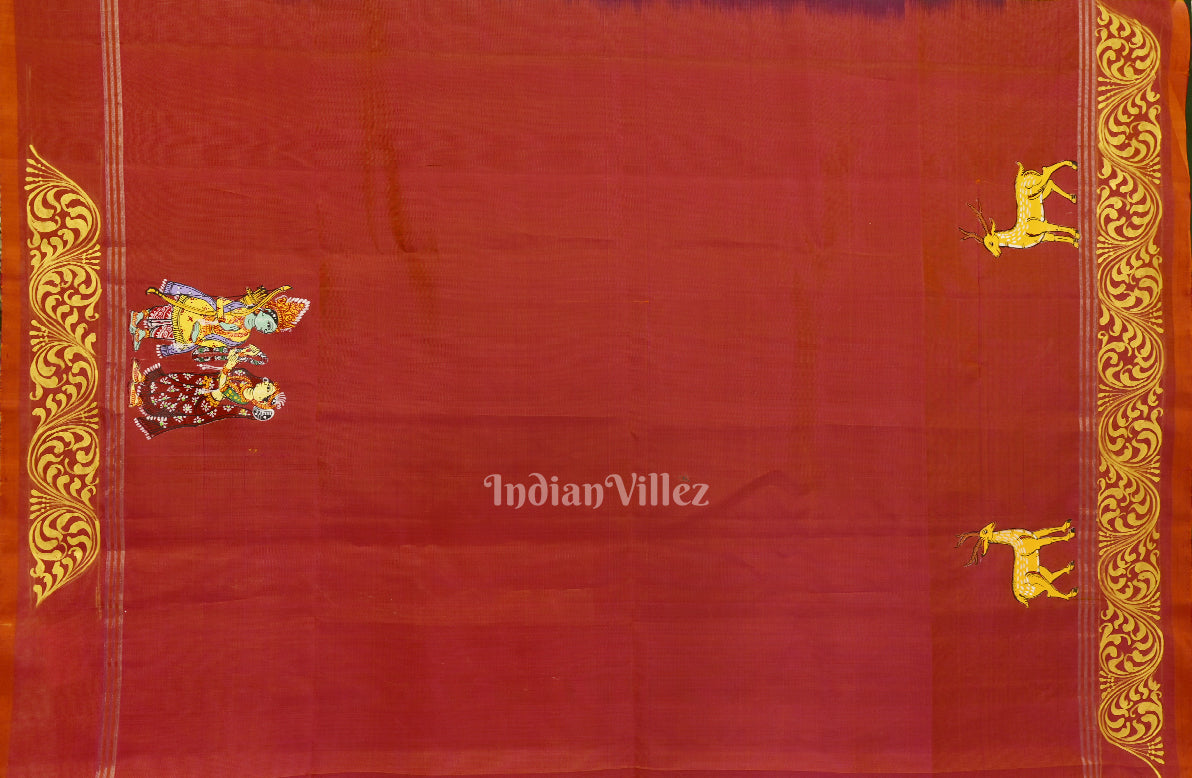 Yellow Ramayan Theme Hand-Painted Pattachitra Saree