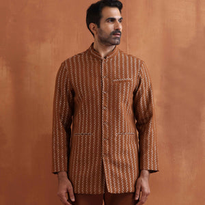 trueBrowns Men's Brown Cotton Dobby Long Jacket