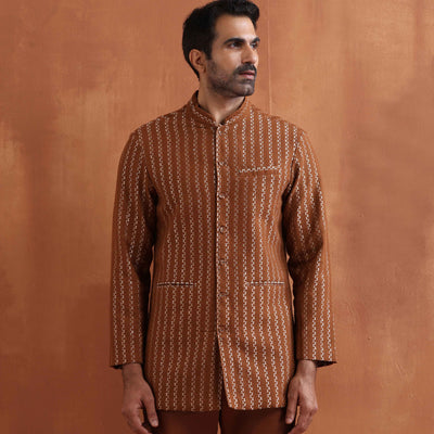 trueBrowns Men's Brown Cotton Dobby Long Jacket