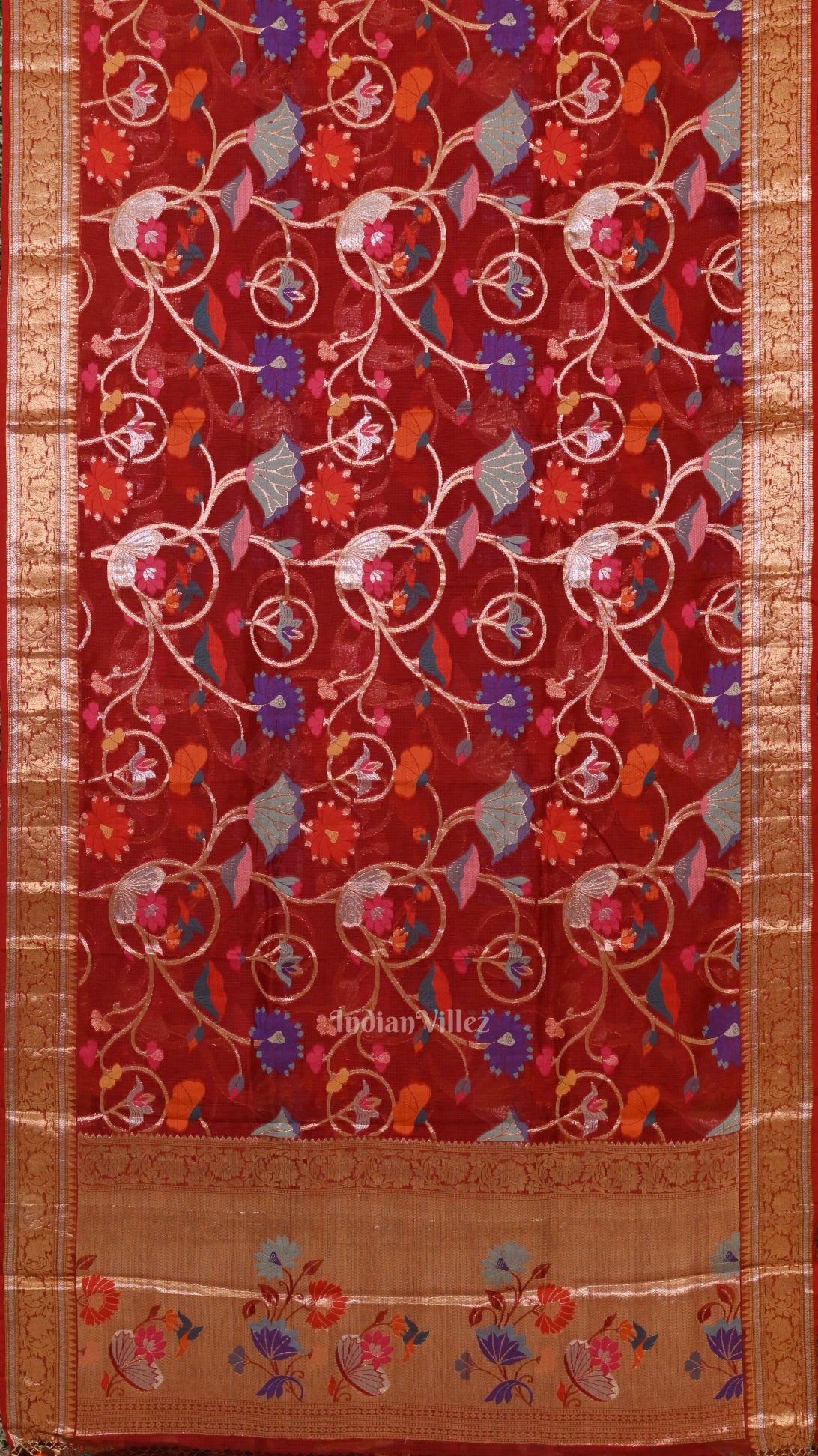 Maroon Jamdani Banarasi Kota Silk Saree