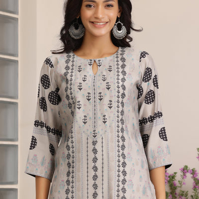 Grey Printed Silk Blend Straight Suit With Dupatta