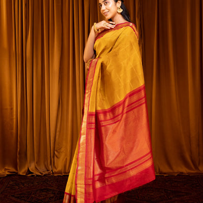 Mustard Handloom Korvai Silk Cotton Saree With Checks-Mustard