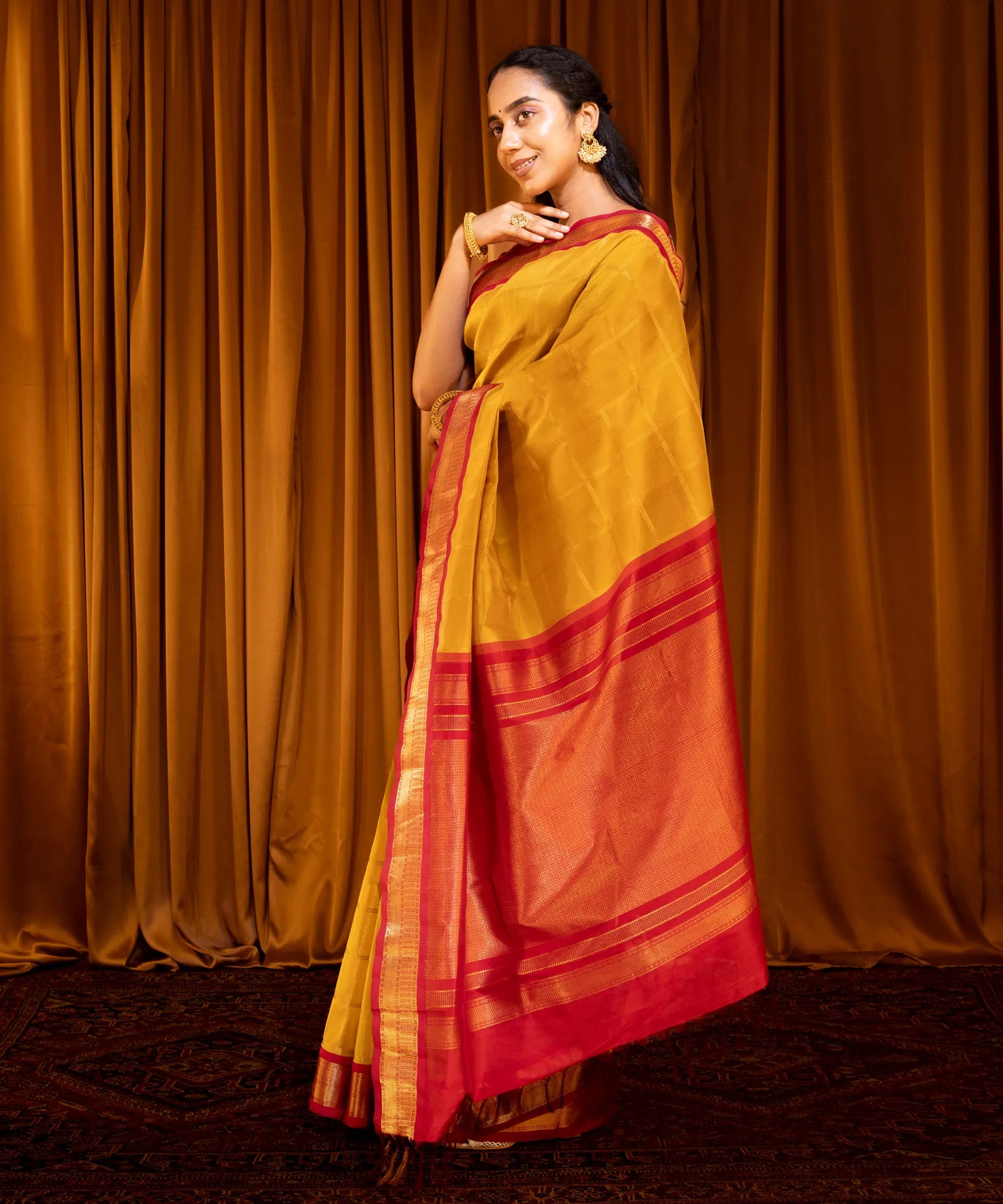 Mustard Handloom Korvai Silk Cotton Saree With Checks-Mustard