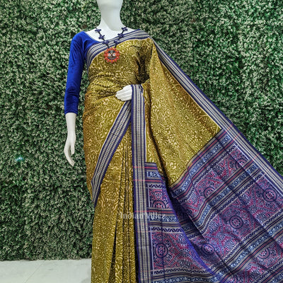 Mehendi Green Blue Floral Motif Sambalpuri Silk Saree