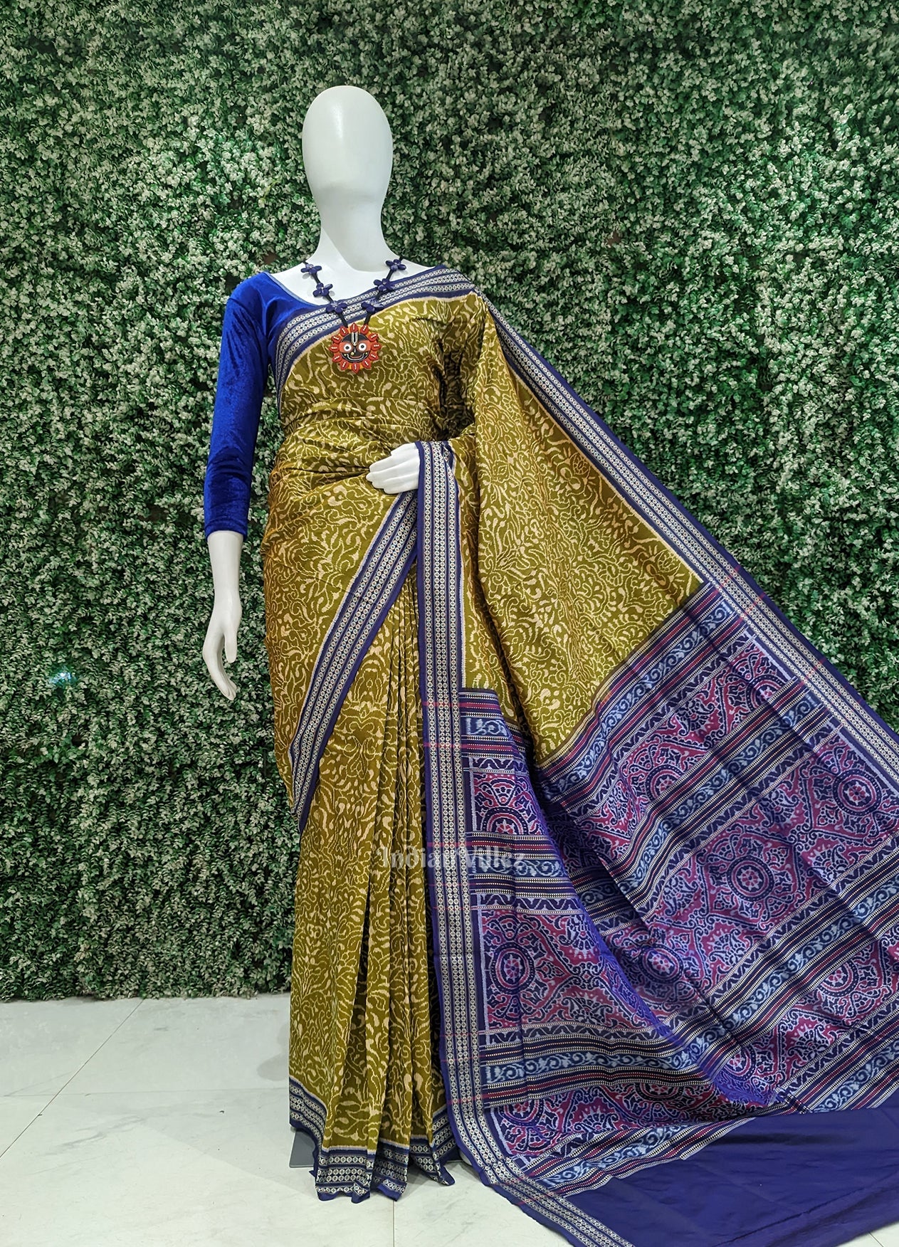 Mehendi Green Blue Floral Motif Sambalpuri Silk Saree