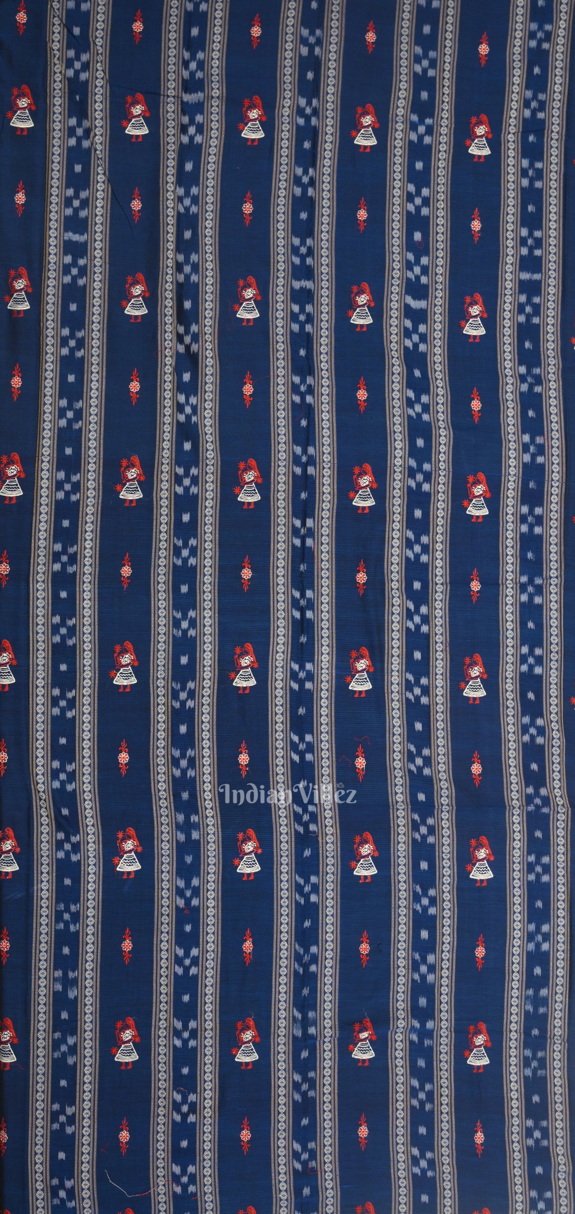 Royal Blue Red Doll Odisha Ikat Sambalpuri Cotton Dress set with Dupatta