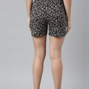Women Printed Black Mid Rise Woven Viscose Lounge Short