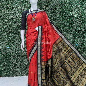 Red Black Tribal Design Bomkai Sambalpuri Silk Saree