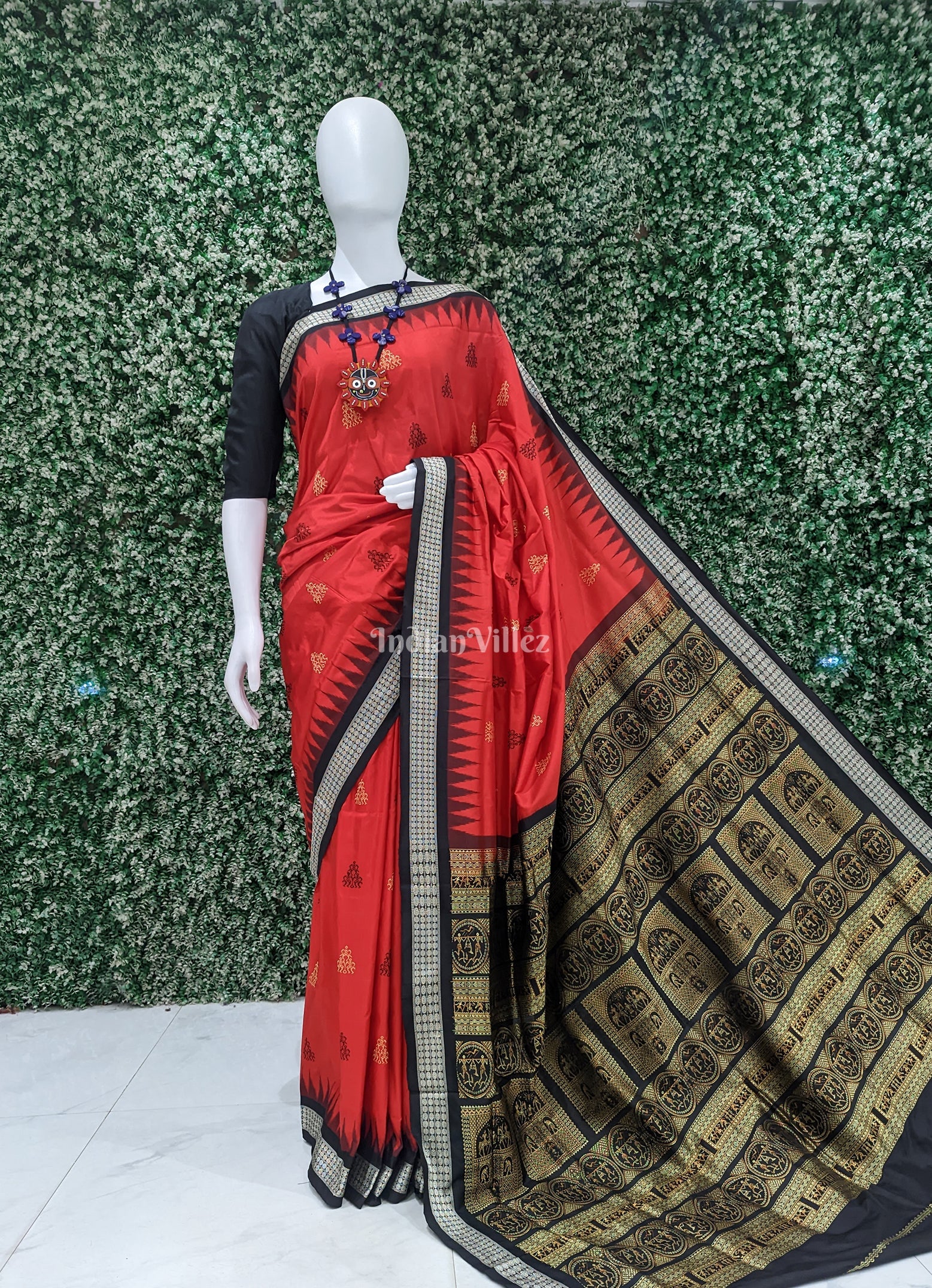 Red Black Tribal Design Bomkai Sambalpuri Silk Saree