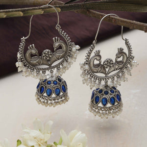 trueBrowns Silver Tone Peacock Jhumka Earrings