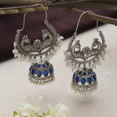 trueBrowns Silver Tone Peacock Jhumka Earrings