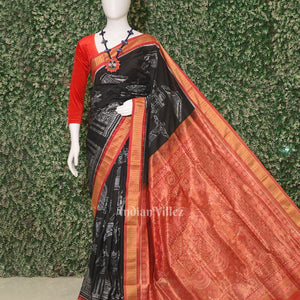 Pure Black Half Tissue Sambalpuri Silk Saree ( 7 Wonders of the World)